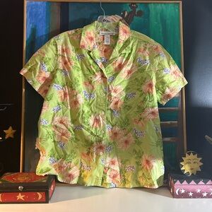 Jones New York Sport Tropical Floral Shirt in Green and Pink Large